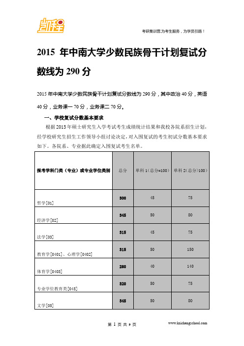 2015年中南大学少数民族骨干计划复试分数线是290分