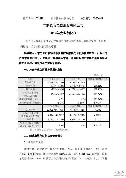 奥马电器：2019年度业绩快报