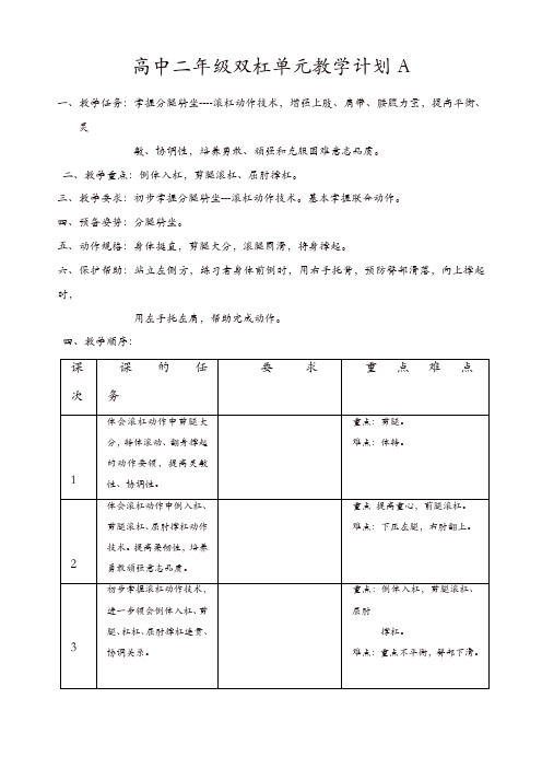 高中二年级体育与健康教案集：双杠单元教学计划A