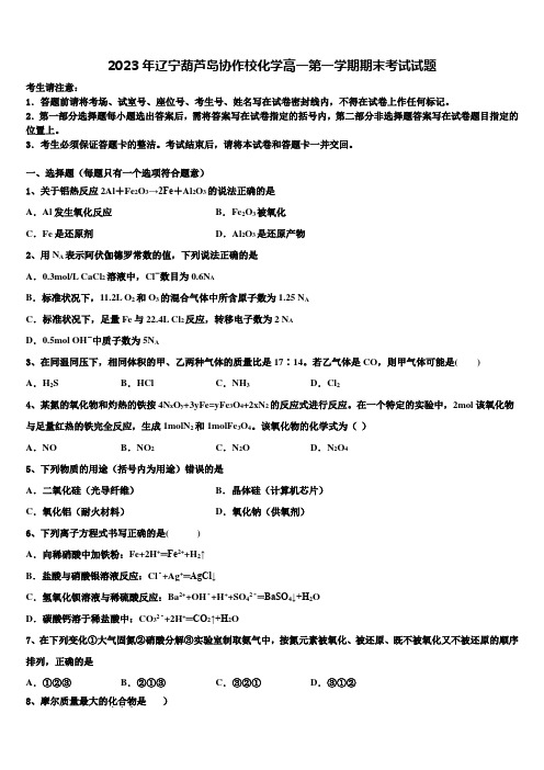 2023年辽宁葫芦岛协作校化学高一第一学期期末考试试题含解析