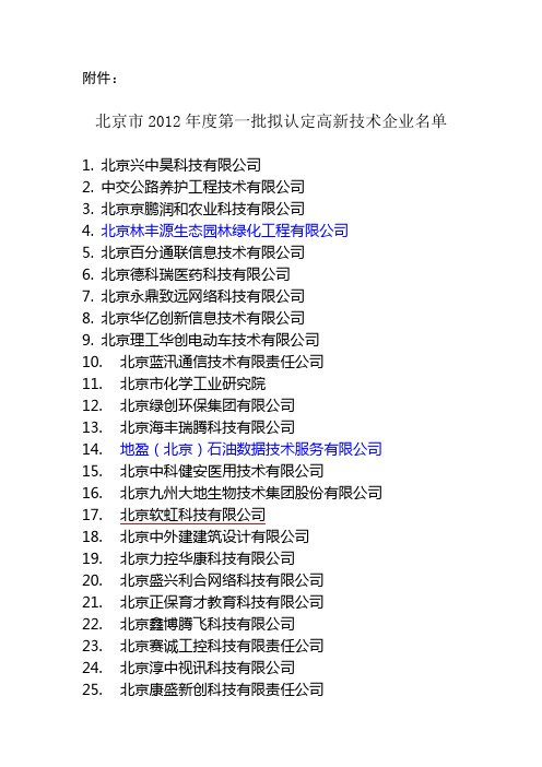 北京市2012年度第一批拟认定高新技术企业名单