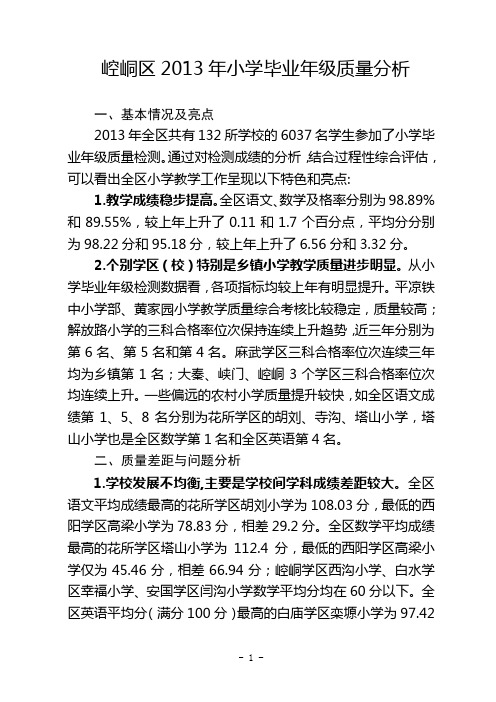 崆峒区2013年小学毕业年级质量分析