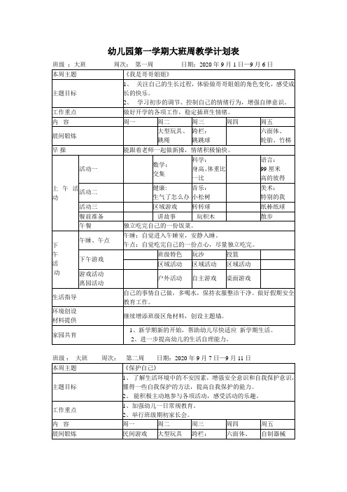 幼儿园大班上学期周教学计划 13周