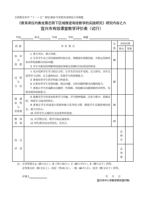 宜兴市有效课堂教学评价表