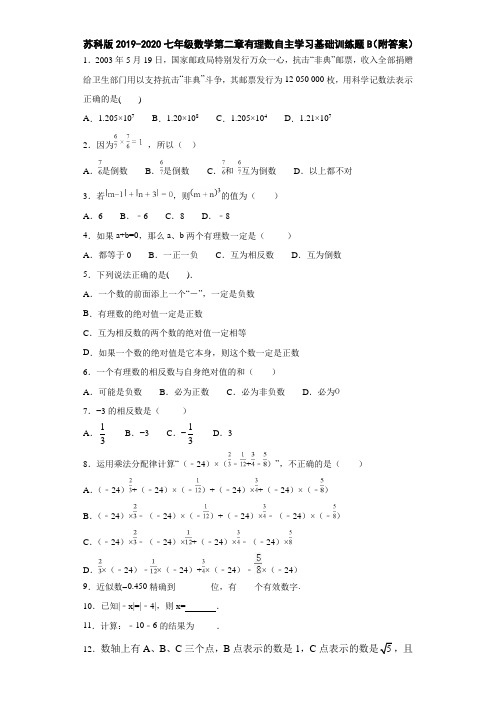 苏科版2019-2020七年级数学第二章有理数自主学习基础训练题B(附答案)