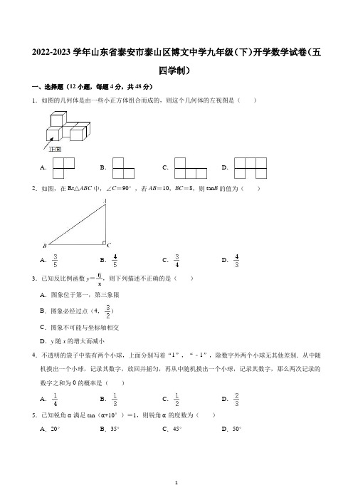 山东省泰安市泰山区博文中学2022-2023学年九年级下学期开学数学试卷(五四学制 )