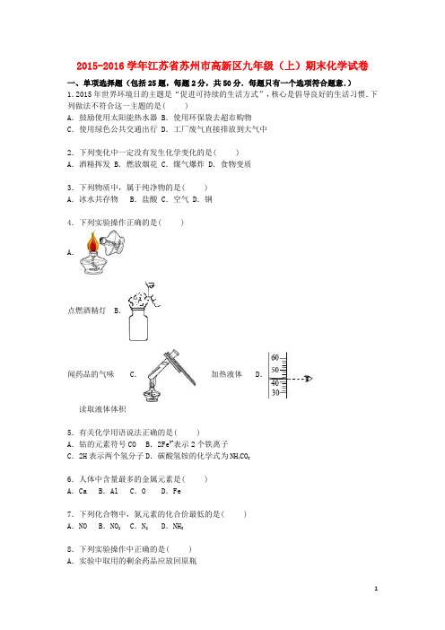 江苏省苏州市高新区九年级化学上学期期末试题(含解析) 沪教版