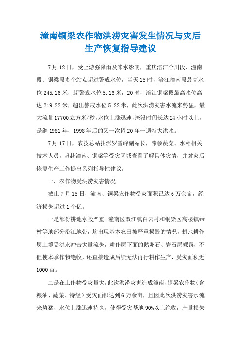 潼南铜梁农作物洪涝灾害发生情况与灾后生产恢复指导建议