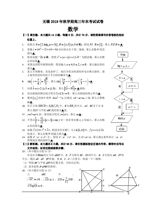 无锡2019年秋学期高三年末考试试卷