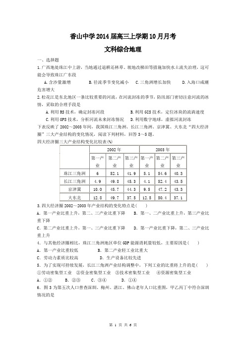 广东省香山中学2014届高三上学期10月月考文综(地理)试题