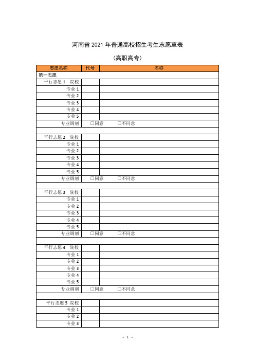 河南省2021年普通高校招生考生志愿草表_高职高专