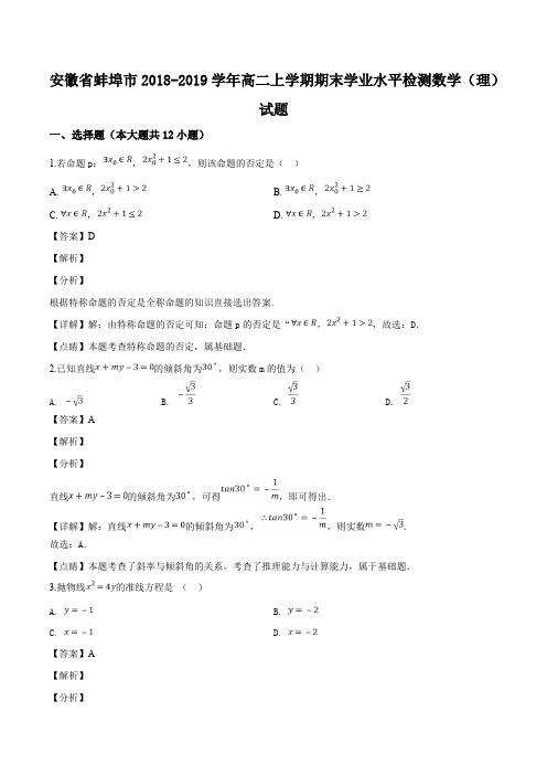 安徽省蚌埠市2018-2019学年高二上学期期末学业水平检测数学(理)试题(精品解析)