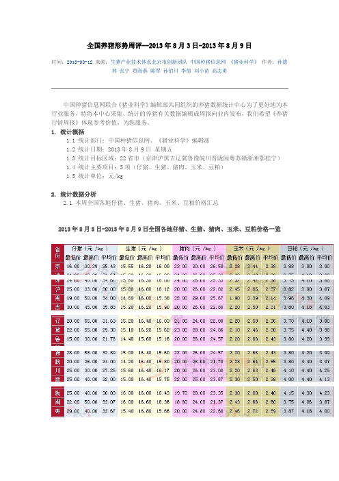 全国养猪形势周评--2013年8月3日-2013年8月9日