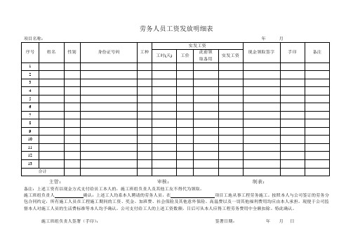 劳务人员工资发放明细表