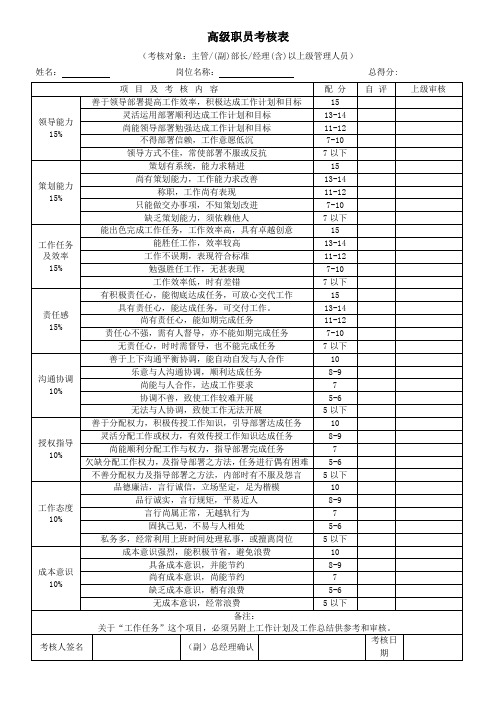 (完整版)公司各部门绩效考核表汇总