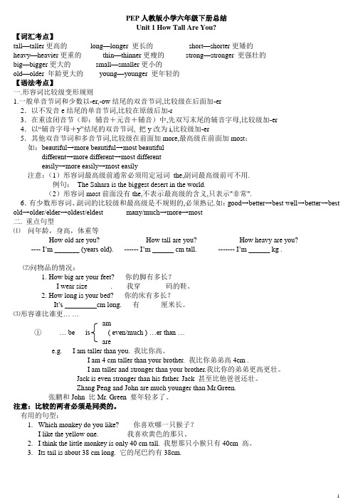 pep英语小学六年级下册总复习提纲