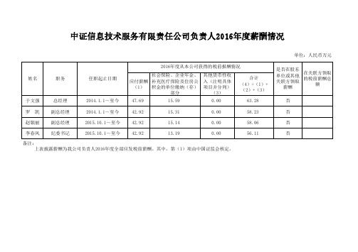 中证信息技术服务有限责任公司负责人2016年度薪酬情况