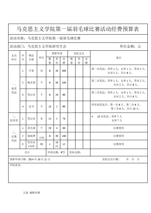 羽毛球比赛活动经费预算表