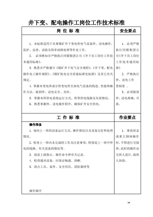 井下变、配电操作工岗位工作技术标准(机电)