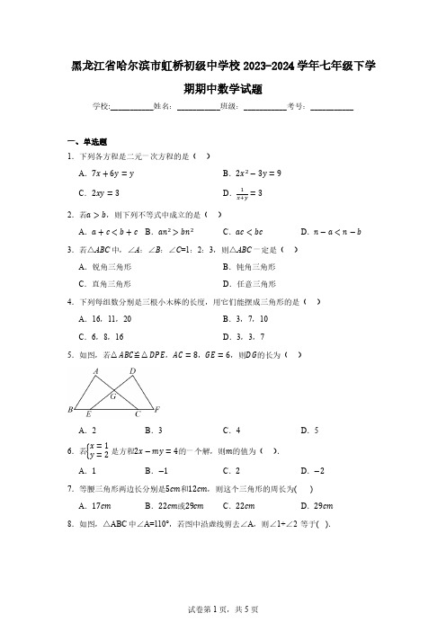 黑龙江省哈尔滨市虹桥初级中学校2023-2024学年七年级下学期期中数学试题