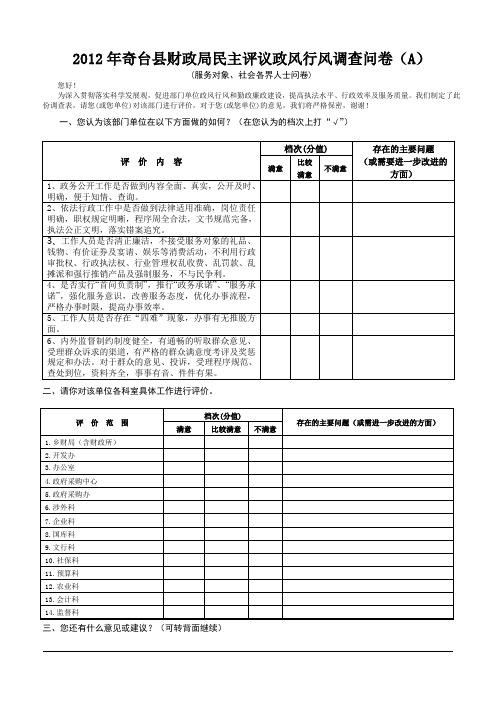 2012年奇台县财政局民主评议政风行风调查问卷