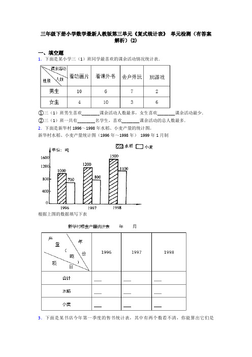 三年级下册小学数学最新人教版第三单元《复式统计表》 单元检测(有答案解析)(2)