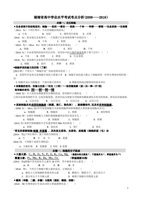 2009—2016湖南省高中学业水平考试生物考点分析