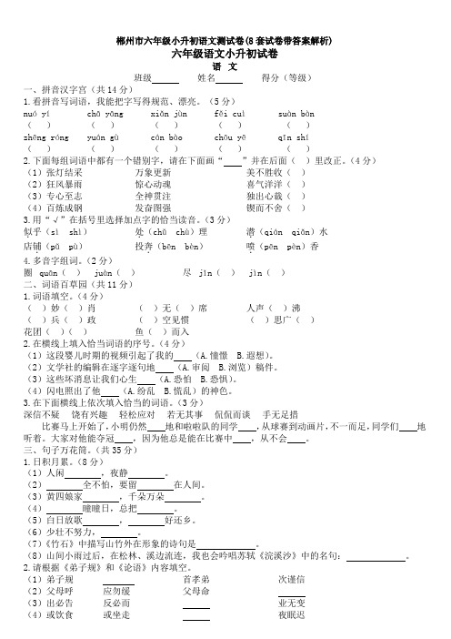 郴州市六年级小升初语文测试卷(8套试卷带答案解析)