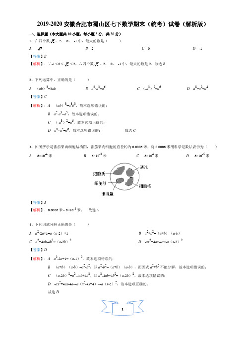 2019-2020安徽合肥市蜀山区七下数学期末(统考)试卷(解析版)