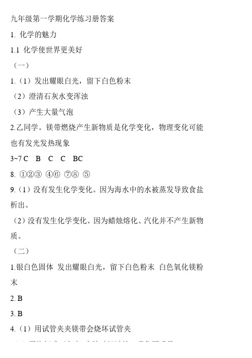 初三化学练习册 答案(上海)