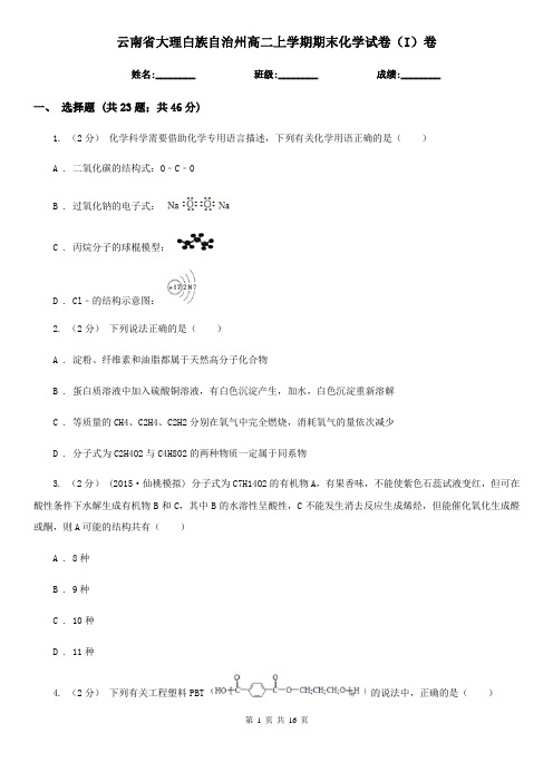 云南省大理白族自治州高二上学期期末化学试卷(I)卷