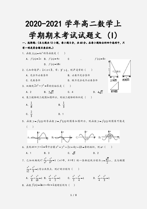 2020-2021学年高二数学上学期期末考试试题文 (I)