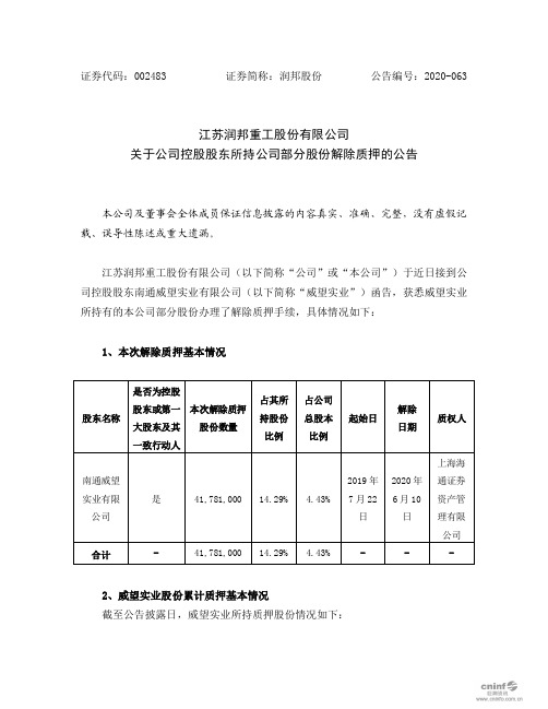 润邦股份：关于公司控股股东所持公司部分股份解除质押的公告