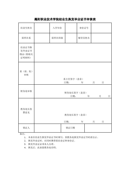 福建商专结业生换发毕业证书申请表-揭阳职业技术学院教务处