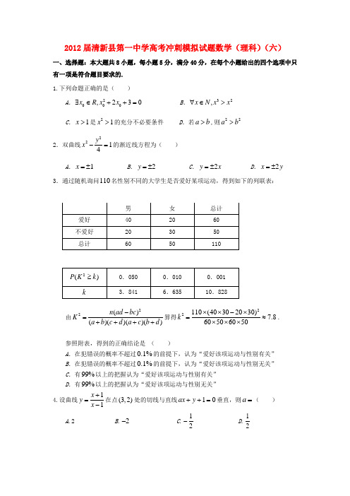 广东清新县第一中学2012届高考数学模拟试题(6) 理