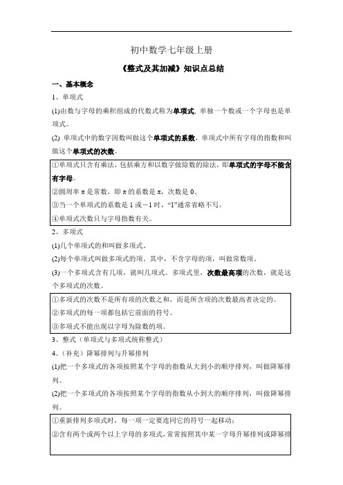 初中数学七年级上册《整式及其加减》知识点总结