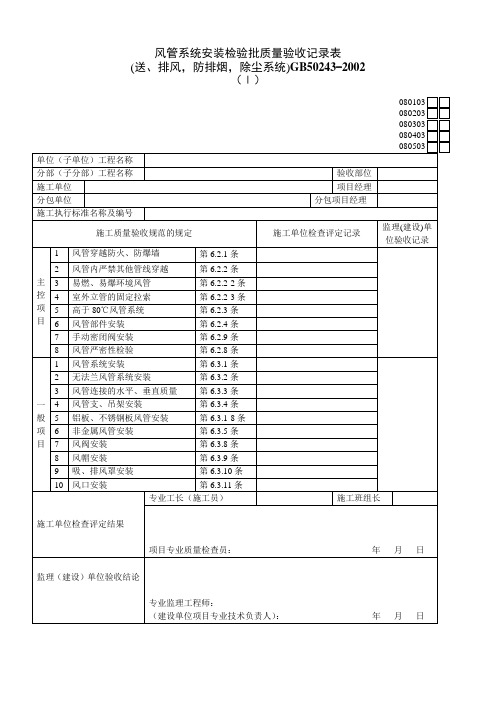 通风机、风管系统安装检验批质量验收记录表