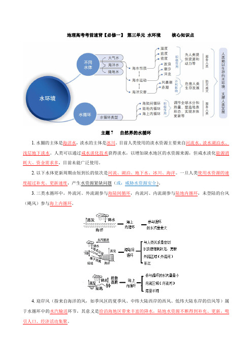 2024年高考地理考前速背【必修一】核心知识点：第三单元水环境(上海专用)