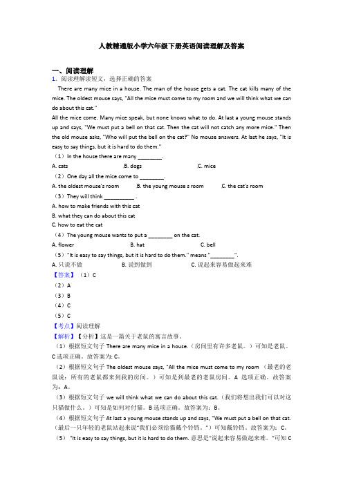 人教精通版小学六年级下册英语阅读理解及答案