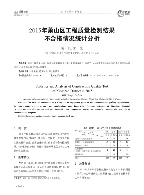 2015年萧山区工程质量检测结果不合格情况统计分析