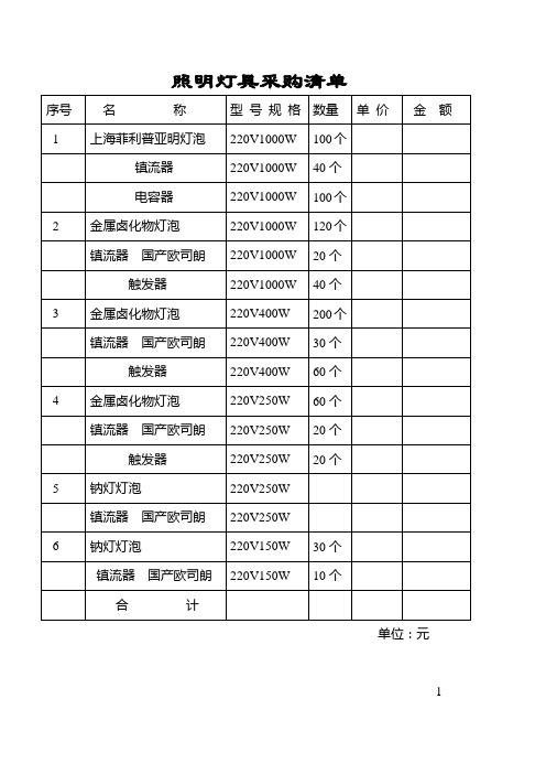 照明灯具采购清单