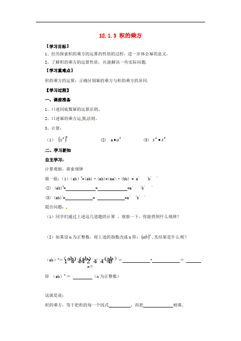 12.1.3积的乘方  精品导学案新版华东师大版9