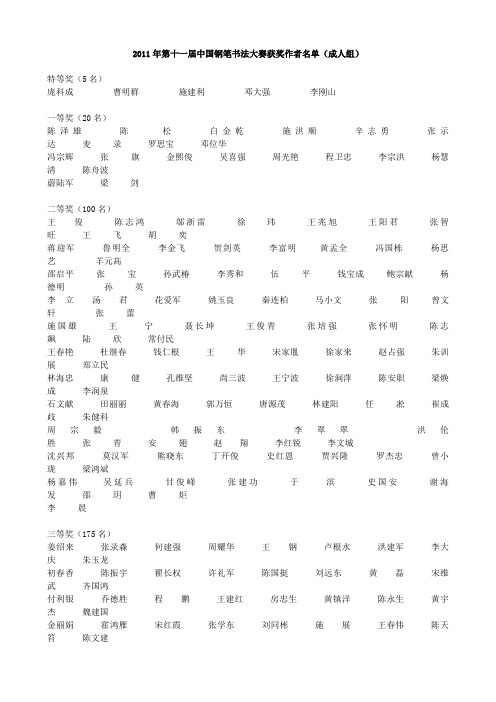 2011年第十一届中国钢笔书法大赛获奖作者名单(成人组)