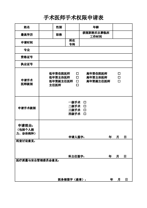 手术医师手术权限申请表