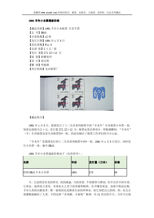 1991羊年小本票最新价格