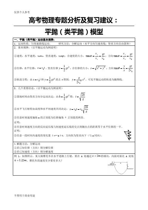 高考物理专题分析及复习建议：平抛(类平抛)模型