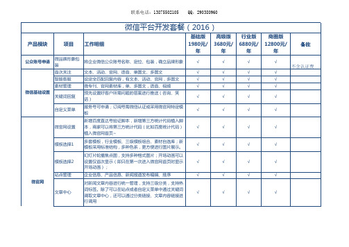 微信平台开发套餐价格表(2016最新)