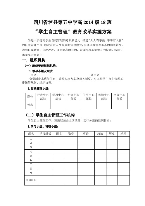 泸县五中高2014级18班“学生自主管理”教育改革实施方案DOC