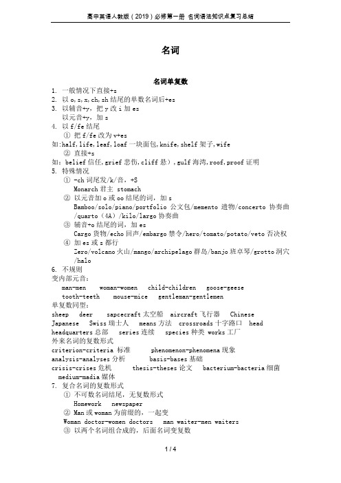 高中英语人教版(2019)必修第一册 名词语法知识点复习总结