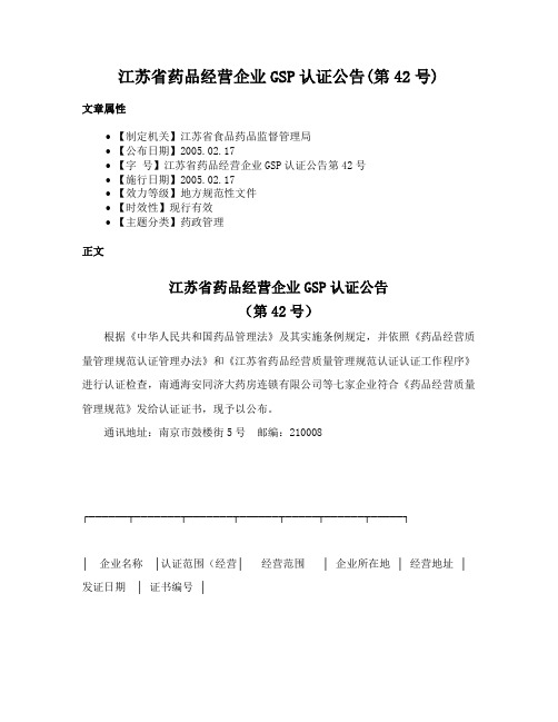 江苏省药品经营企业GSP认证公告(第42号)